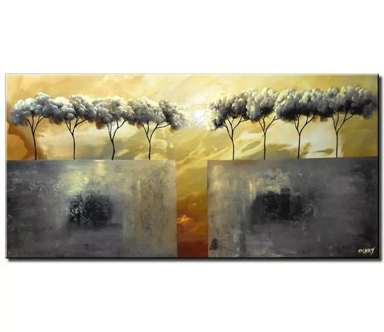 landscape paintings - minimalist abstract trees painting on canvas original grey yellow art