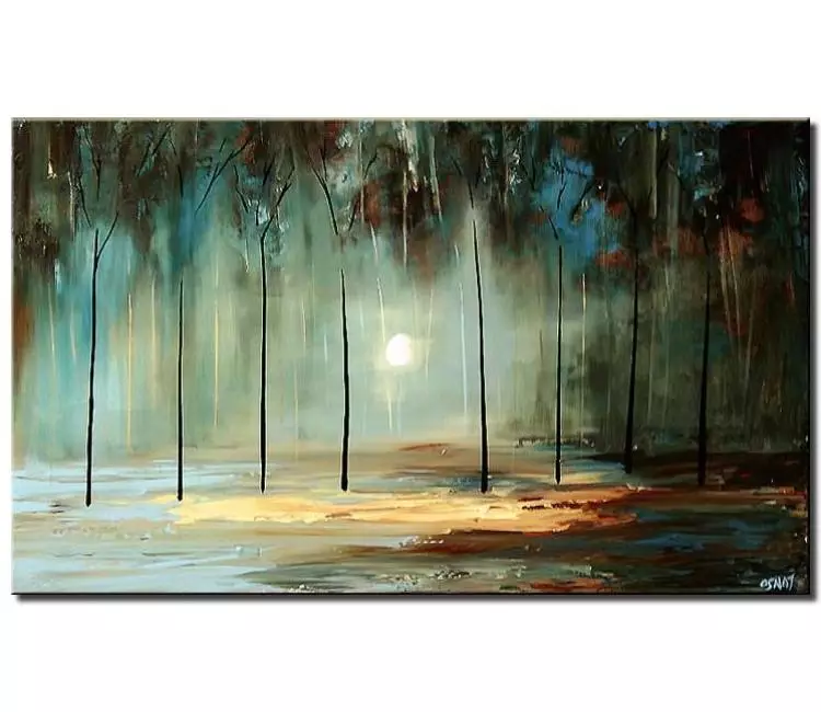 landscape paintings - original teal abstract landscape painting on canvas modern abstract forest trees painting for living room