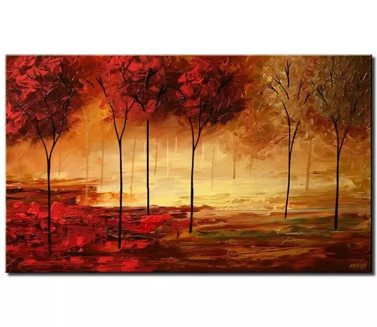 forest painting - red gold forest art on canvas original textured autumn trees painting modern palette knife art for living room