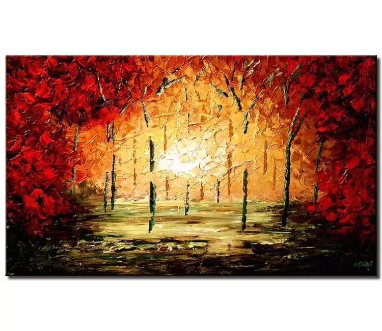 forest painting - red green forest trees painting on canvas modern original palette knife landscape art