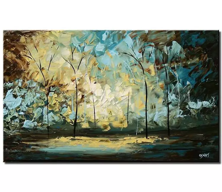 forest painting - teal abstract forest trees painting on canvas modern palette knife landscape art original modern art for living room