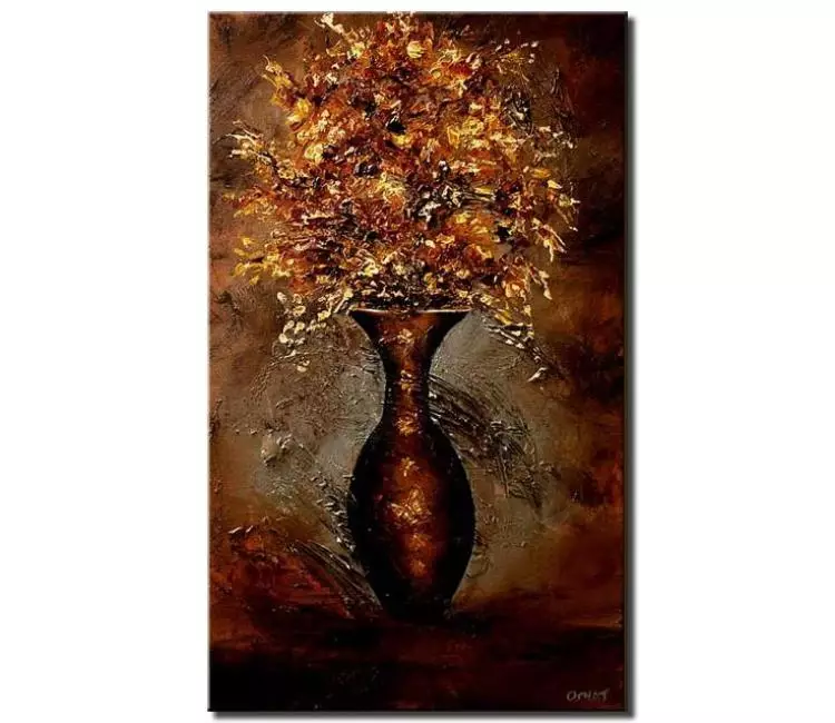 floral painting - modern palette knife flowers in vase painting original minimalist brown abstract painting textured art