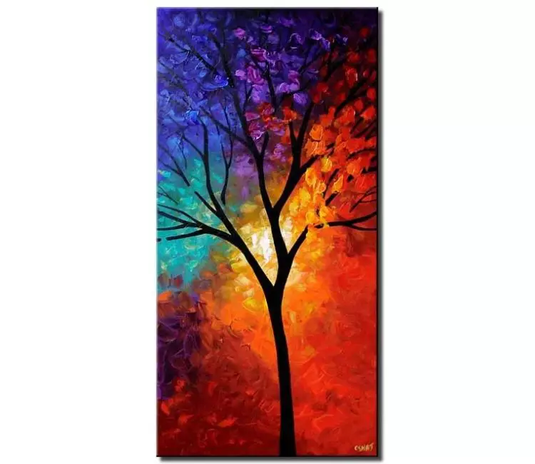 landscape paintings - colorful tree of life abstract painting on canvas modern original textured vertical acrylic painting for living room