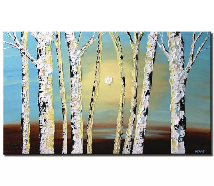 landscape paintings - birch trees landscape forest painting on canvas original textured abstract trees painting in light blue soft colors
