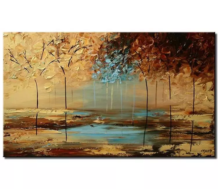 landscape paintings - modern palette knife textured forest trees painting on canvas in neutral colors beige light blue art