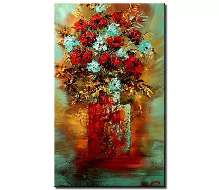 landscape paintings - original flowers in vase acrylic on canvas modern turquoise red textured abstract flowers painting
