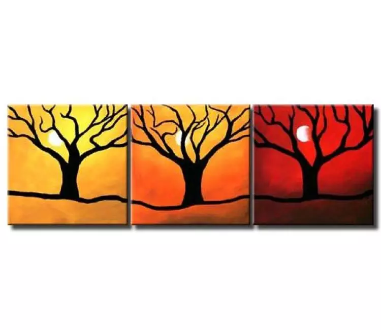 landscape paintings - multi panel red orange yellow modern abstract tree moon painting on canvas