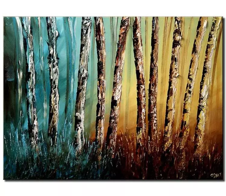 landscape paintings - forest birch trees painting on canvas original teal beige neutral abstract art modern living room wall art
