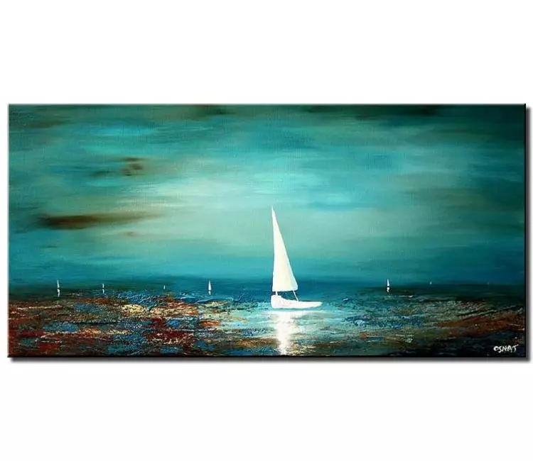 sailboats painting - teal abstract seascape painting on canvas textured original boat painting in ocean modern calming wall art