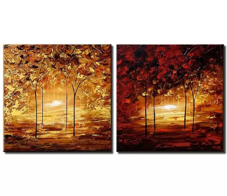 landscape paintings - Autumn set of 2 forest trees paintings on canvas original textured modern palette knife abstract landscape art