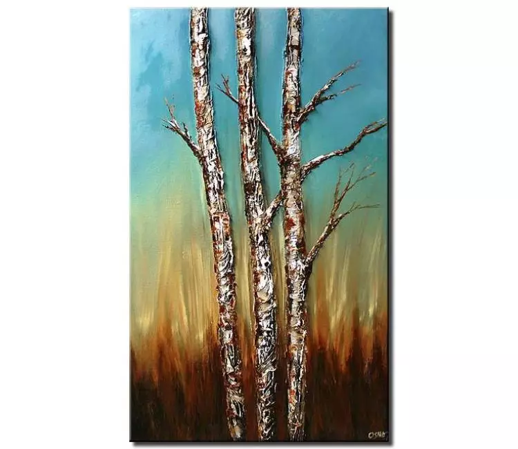 landscape paintings - light blue trees painting on canvas original birch trees painting modern palette knife textured landscape art