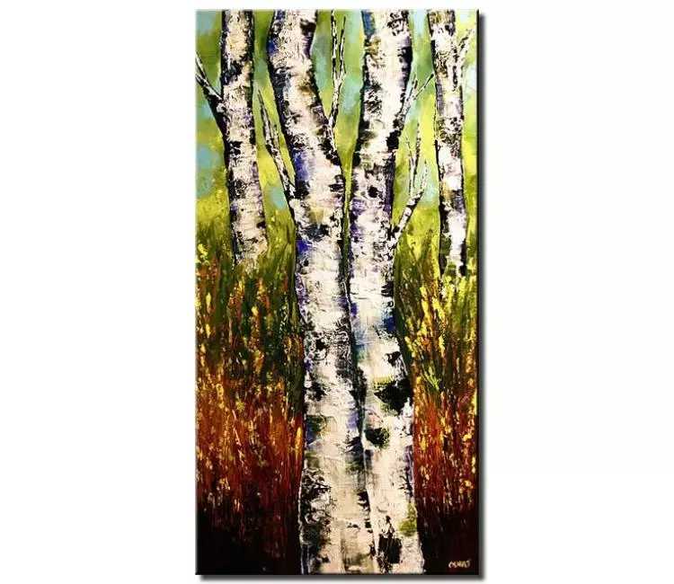 landscape paintings - large white birch trees painting on canvas original green  forest birch trees painting modern abstract landscape art for living room