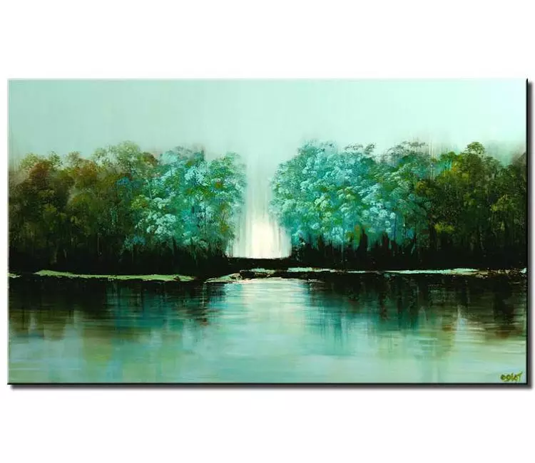 forest painting - minimalist abstract river landscape painting on canvas original forest trees painting modern textured green turquoise art