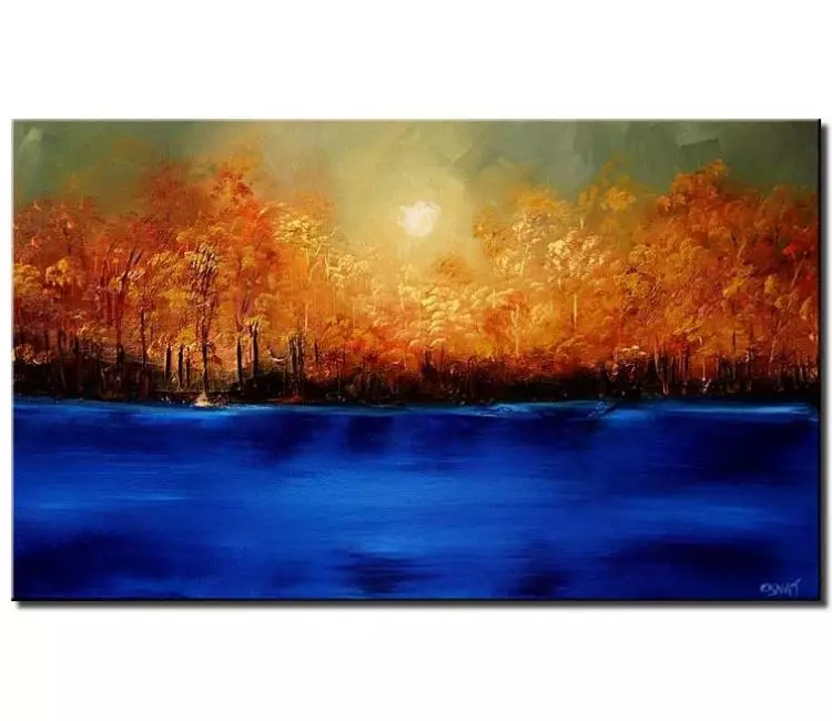 forest painting - modern abstract landscape art on canvas blue green forest on river bank painting textured modern art