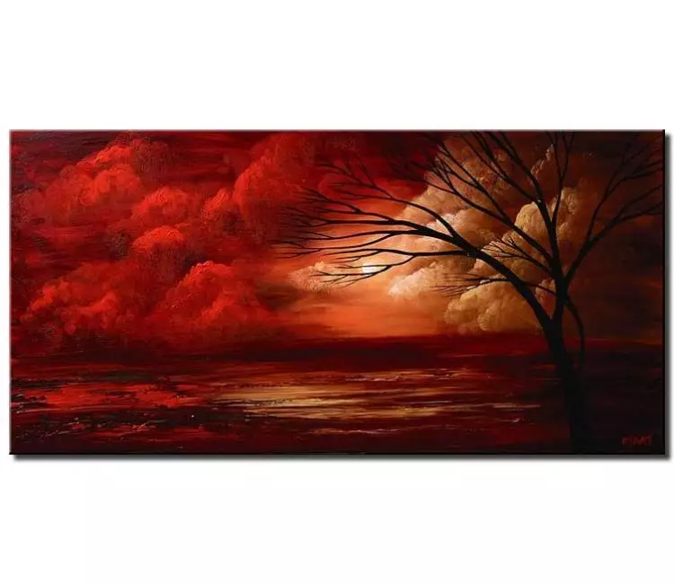 landscape paintings - abstract landscape art on canvas minimalist red nature art modern original tree painting