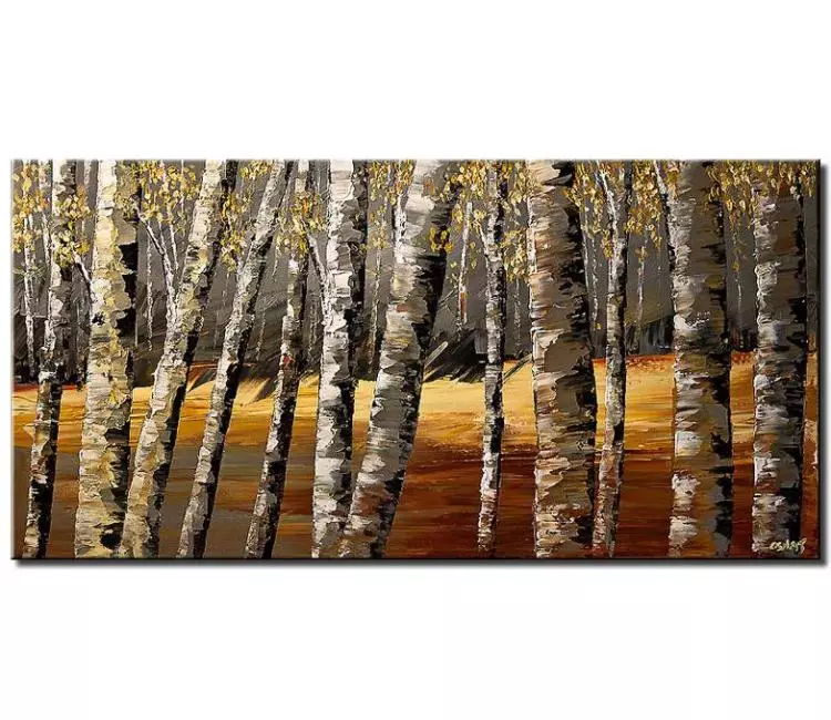 landscape paintings - textured birch trees painting on canvas modern abstract forest painting minimalist acrylic art grey yellow contemporary art