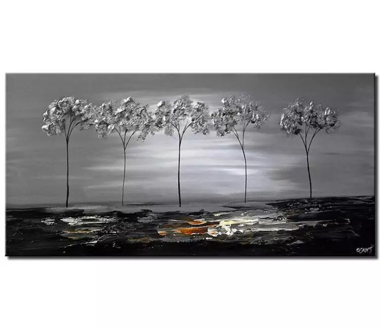 forest painting - Original abstract silver trees painting on canvas textured minimalist modern grey black landscape art