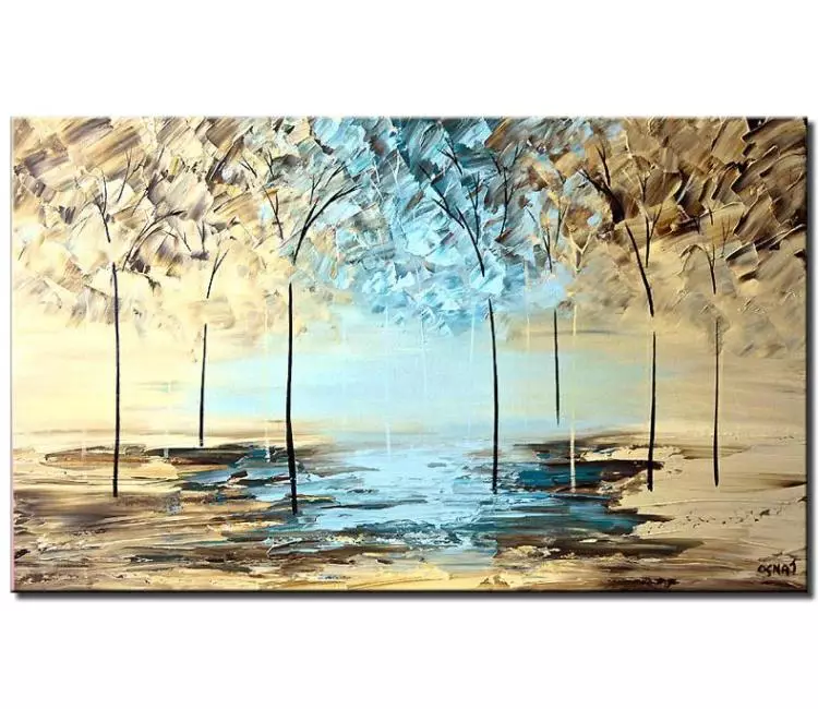 forest painting - landscape abstract painting on canvas original trees painting neutral wall art offwhite light blue modern palette knife