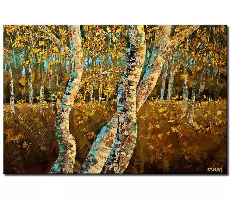 landscape paintings - birch trees forest art on canvas original textured fall autumn abstract landscape art earth tone colors modern palette knife