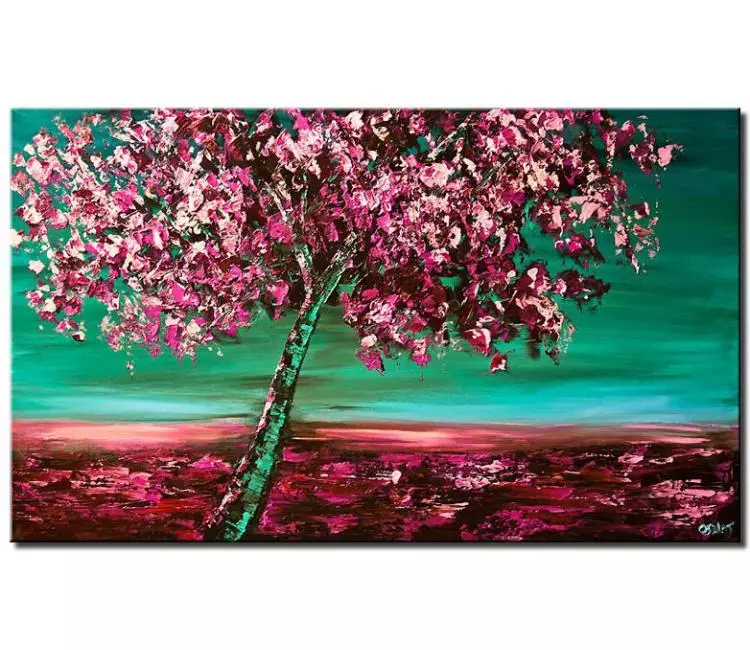 forest painting - cherry blossom tree painting on canvas original modern abstract blooming tree art pink turquoise acrylic oil painting