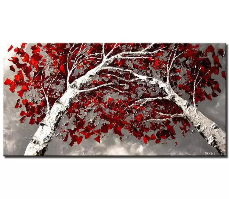 landscape paintings - abstract white birch trees painting on canvas original red gray oil acrylic modern textured palette knife living room bedroom art