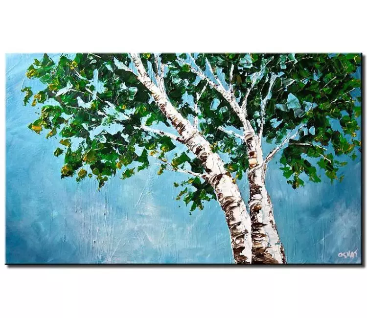 landscape paintings - green blue abstract birch trees painting on canvas original textured modern palette knife trees art oil acrylic modern art