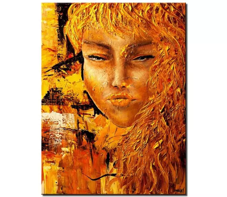 figure painting - modern abstract face woman portrait painting on canvas original textured orange yellow palette knife art