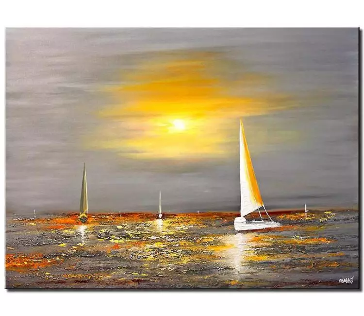sailboats painting - minimalist grey yellow abstract sailboats painting on canvas original oil acrylic textured boats painting modern palette knife calming wall art
