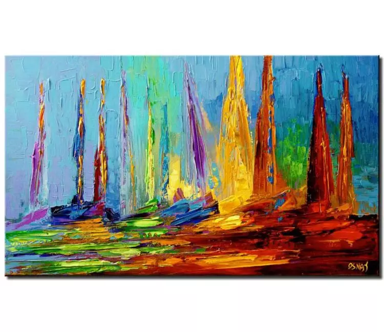 sailboats painting - colorful abstract sailboats painting on canvas original oil acrylic textured boats painting modern palette knife ocean painting