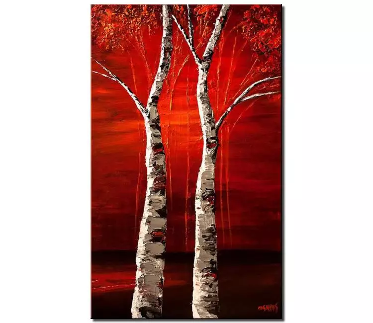 landscape paintings - red landscape abstract art on canvas vertical abstract white birch trees painting modern palette knife oil acrylic painting