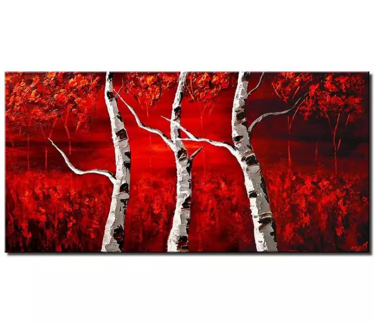 landscape painting - red landscape abstract art on canvas white birch trees painting modern palette knife oil acrylic painting