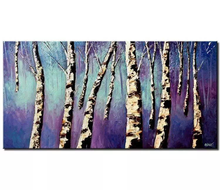 landscape paintings - abstract birch trees painting on canvas original textured blue purple forest painting modern palette knife painting