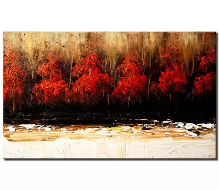 forest painting - red gold abstract forest trees painting on canvas original textured modern wall art for living room