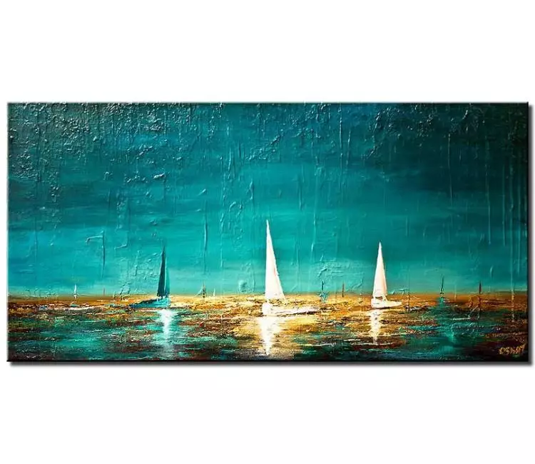 sailboats painting - teal abstract sailboats painting on canvas original textured oil acrylic modern art seascape ocean painting calming wall art