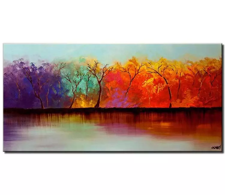 forest painting - colorful abstract forest trees painting on canvas original modern textured trees on river bank art