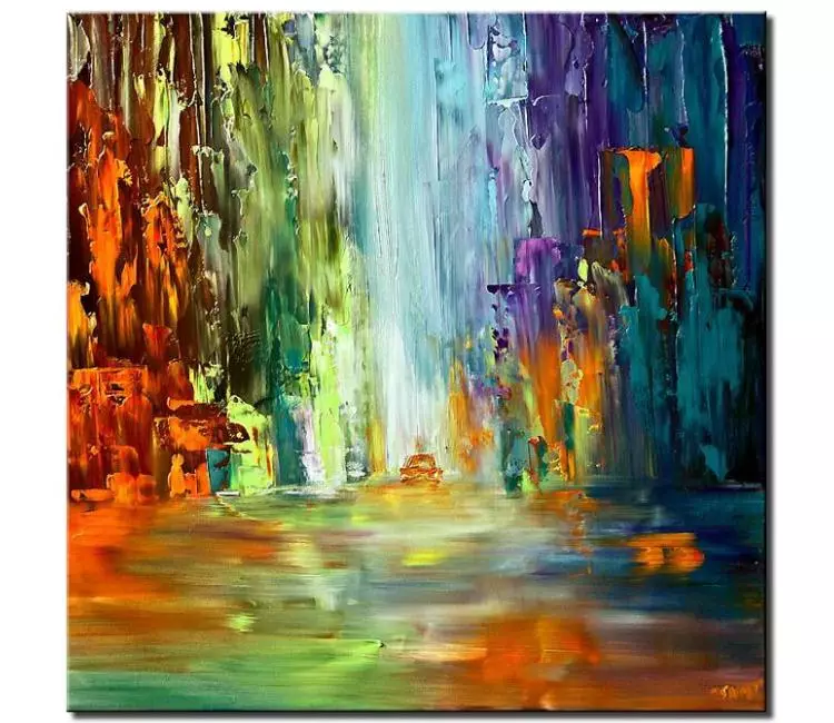 cityscape painting - colorful modern palette knife abstract cityscape painting on canvas green blue orange city art