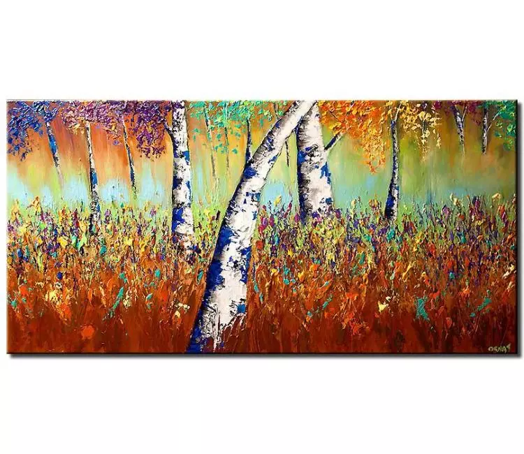 landscape painting - magical forest abstract painting on canvas colorful original textured birch trees painting contemporary art