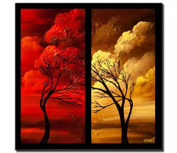landscape paintings - abstract trees painting on canvas in red gold colors minimalist original painting contemporary trees art