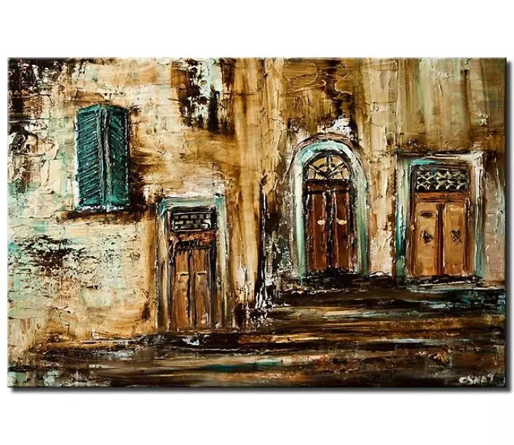 cityscape painting - old streets houses abstract painting on canvas in neutral colors modern art