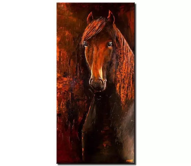animals painting - vertical abstract horse painting on canvas original textured minimalist brown horse art