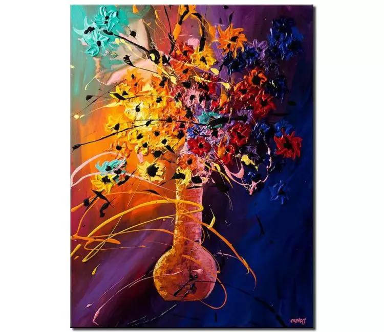landscape paintings - colorful floral painting on canvas original textured colorful abstract flowers in a vase modern living room wall art