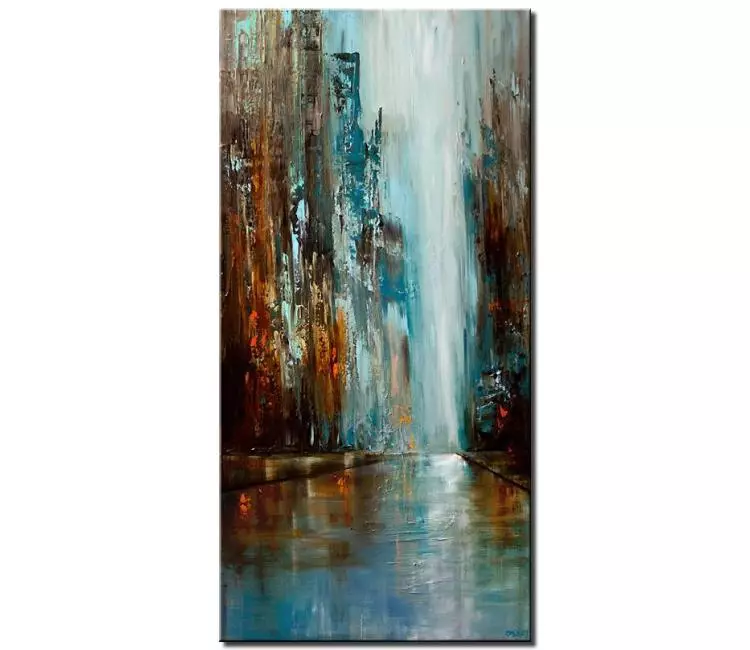 cityscape painting - teal rust abstract cityscape painting on canvas original vertical city art modern 3d art palette knife painting