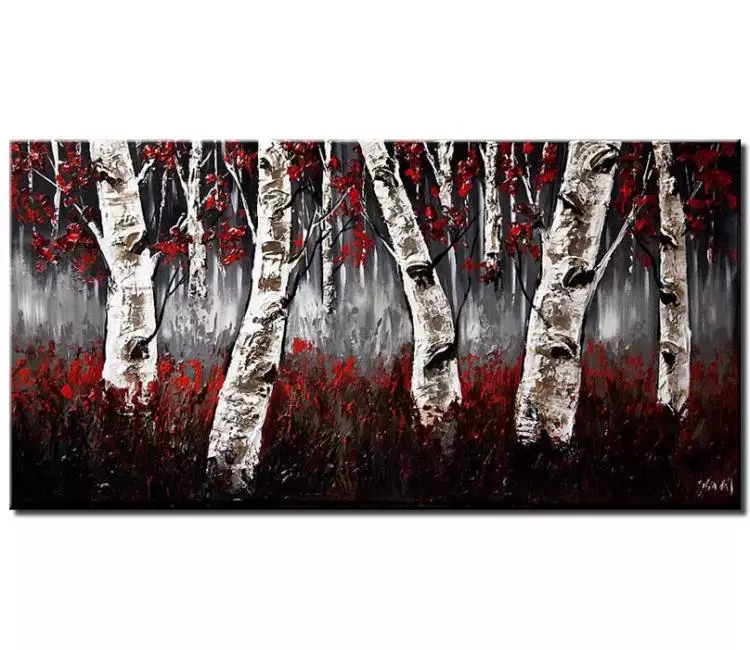 landscape paintings - red gray abstract landscape art for living room minimalist original white birch trees painting on canvas modern forest art