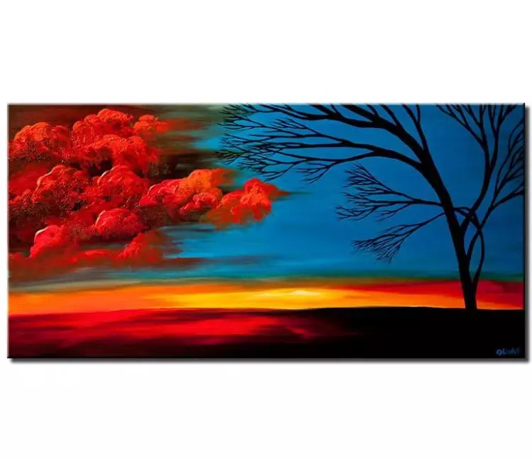 landscape painting - blue red abstract landscape art on canvas original tree painting modern living room wall art