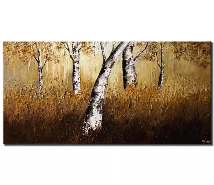 landscape paintings - minimalist abstract forest birch trees painting on canvas original textured with palette knife trees painting gold modern art
