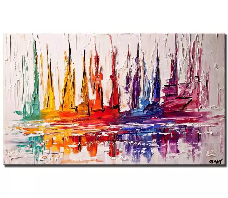 sailboats painting - original multicolor sailboats painting on canvas contemporary abstract boat painting textured modern palette knife painting