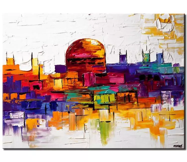 religious painting - original Jerusalem painting on canvas colorful modern city art created with palette knife