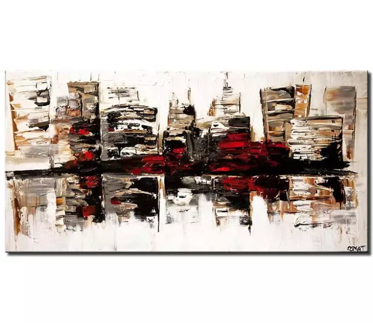 cityscape painting - abstract city painting on canvas original textured white red black city wall art minimalist modern palette knife painting