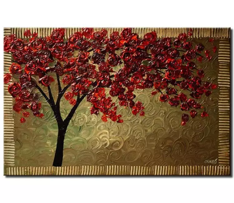 forest painting - cherry red tree painting on canvas original red green abstract tree art textured modern palette knife painting