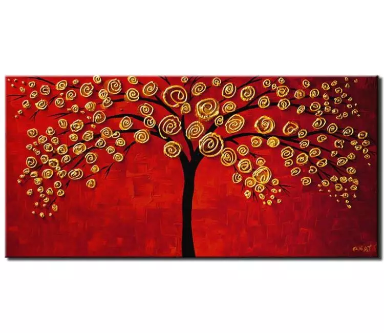 forest painting - red gold tree painting on canvas original abstract tree art textured red gold living room wall art
